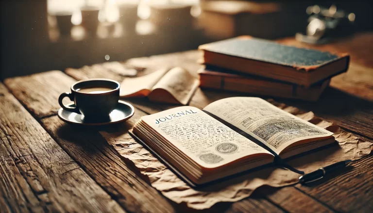 The image shows a cozy, warm-toned scene of a journal placed on a rustic wooden table. The journal is open, filled with handwritten notes and sketches, with the word "JOURNAL" prominently displayed at the top of the page. Next to the journal is a dark ceramic coffee cup, adding to the inviting atmosphere. The background features more books and blurred elements, creating a sense of depth and focus on the journal. The overall mood is serene and reflective, perfect for capturing a quiet moment of writing or journaling.