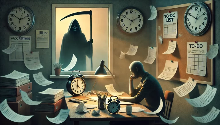 A symbolic scene showing a person sitting at a desk surrounded by scattered papers, clocks, and fading to-do lists. The objects appear to slowly disintegrate, symbolizing the passage of time. In the background, a distant shadowy figure watches, subtly representing time slipping away. The room is dimly lit by a warm desk lamp, with cracks forming on the walls. The atmosphere feels calm but hints at the dangers of procrastination without being overly dark.