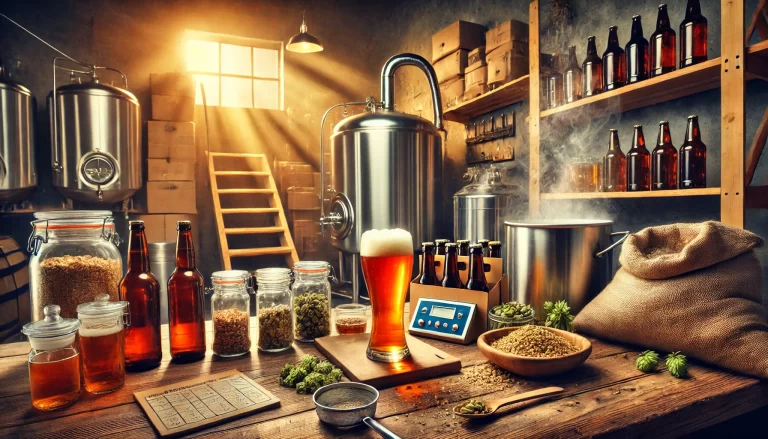 A neatly organized home brewing workspace featuring a large stainless steel brewing pot, glass fermenters, bags of malt, hops, and various brewing tools on a wooden table. A glowing amber glass of freshly brewed beer sits in the center, surrounded by brewing notes and scattered hops. Soft natural light highlights the scene, creating a cozy and inviting atmosphere. This image accompanies a post about 'practice makes perfect' in mastering the art of home beer brewing.