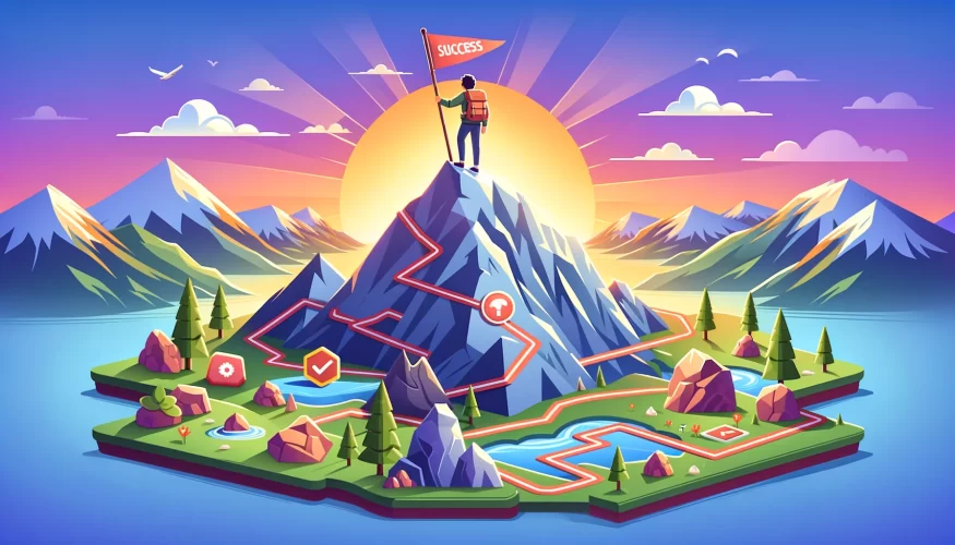 An illustration of a person on top of a mountain with a 'Success' flag; showing that you can achieve your goals even though they are not always a direct path.