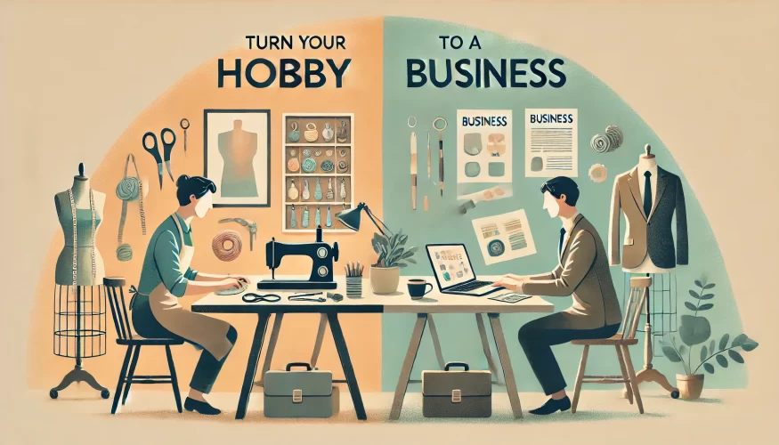 Capturing the essence of how to turn a hobby into a business. The scene is divided into two halves: on the left, a person is working at a workbench with crafting tools, a sewing machine, and mannequins, representing the hobby side. The background here is warm and homey. On the right, the same person is now seated at a desk with business documents, a laptop, and a coffee cup, representing the business side. The background here is more professional and office-like. Above, the text reads "Turn Your Hobby to a Business" in clear, legible lettering. The transition between the two sides symbolizes the journey from hobby to business.