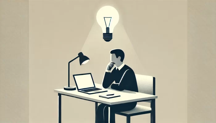 A minimalistic illustration of a person sitting at a clean desk with a laptop and notepad, deep in thought. A light bulb is illuminated above their head, symbolizing an idea. This image is used for a blog post about turning a hobby into a business.