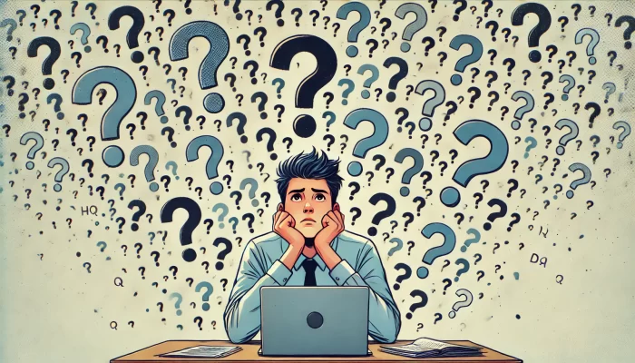 A wide aspect ratio illustration of a person sitting at a desk, looking puzzled with numerous question marks floating around their head. The background is filled with question marks, representing confusion or uncertainty. This image is used for a blog post about turning a hobby into a business.