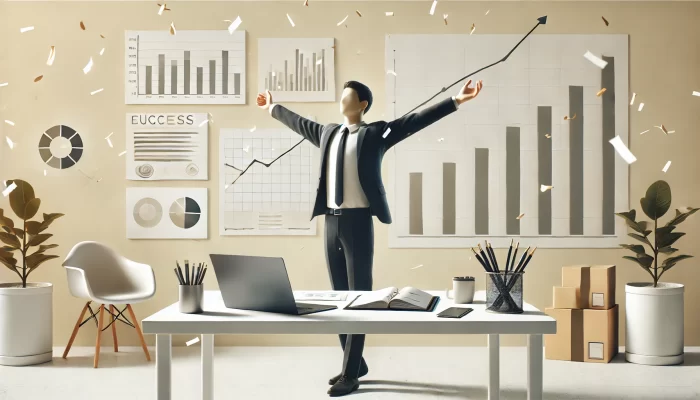 A minimalistic wide aspect ratio illustration showcasing a successful business. The scene features a person in a suit standing behind a clean desk with a laptop, notebook, and office supplies, arms raised in triumph. The background includes charts, graphs, and falling confetti, symbolizing success and growth. This image is used for a blog post about turning a hobby into a business.