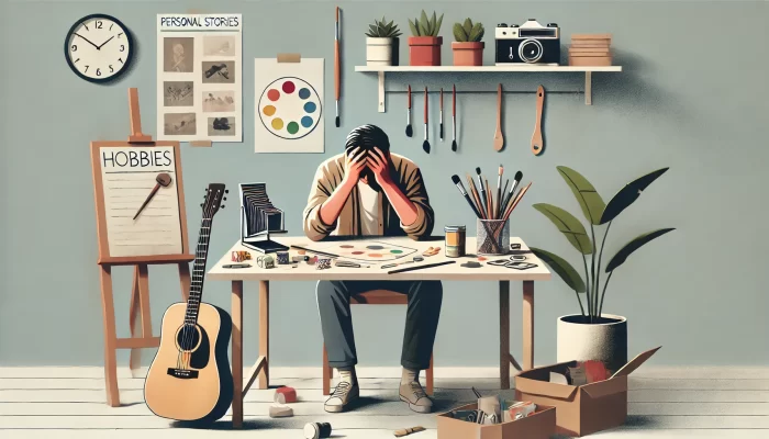 A minimalistic wide aspect ratio illustration showcasing personal stories of hobbies turning into failures. The scene features a person sitting at a cluttered desk, head in hands, surrounded by various hobby materials like paintbrushes, a guitar, and a camera. The background includes a clock, posters, and plants, symbolizing the struggle of turning hobbies into a business. This image is used for a blog post about the challenges and failures in turning a hobby into a business.