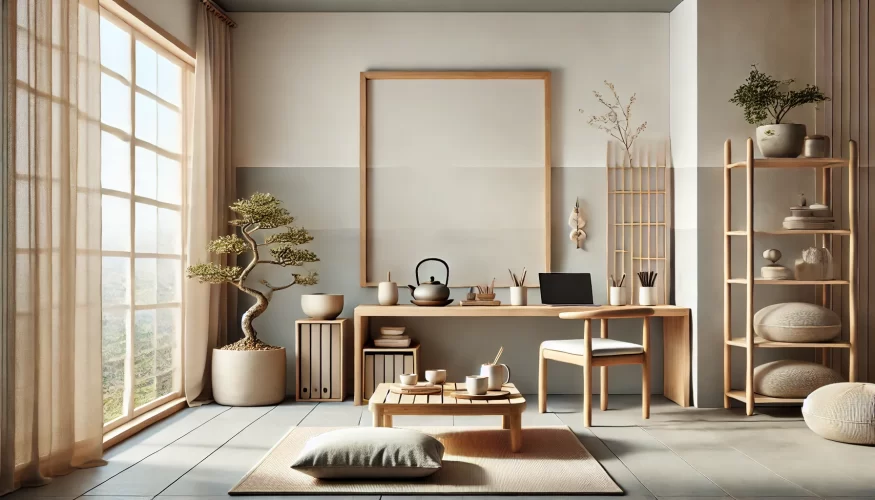 A minimalistic and serene zen-inspired room for the post on creating a relaxing space. The setting includes a low wooden table with a teapot and cups, a cushion for meditation, and a small potted bonsai tree. Soft natural light streams in through a large window. A small wooden desk with a comfortable chair, a laptop, and neatly organized stationery is also present, creating a productive space for focusing. The room features clean lines and neutral colors, evoking a sense of tranquility and relaxation.