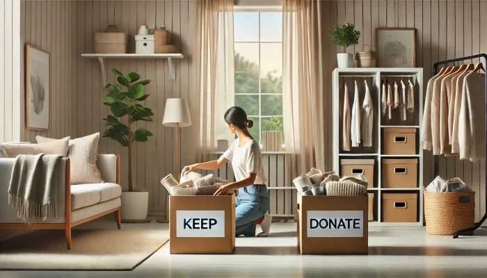 A well-lit, organized room with a person kneeling between two labeled boxes, 'Keep' and 'Donate.' The individual is sorting items, including folded clothes and household goods, into the boxes. The room features minimalist décor with neutral tones, a cozy sofa with a blanket, indoor plants, and a shelving unit neatly storing clothes and baskets. Sunlight streams in through a large window, creating a calm and orderly atmosphere.