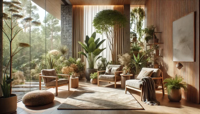 A serene, nature-inspired room with large floor-to-ceiling windows that let in ample natural light. The space features comfortable armchairs with cushions, a soft rug, and a woven pouf. The room is filled with a variety of indoor plants, including large potted trees and lush greenery, creating a calming, earthy atmosphere. Natural materials like wood and stone are prominent in the design, with textured walls and wooden furniture adding warmth and tranquility. The overall ambiance is peaceful, inviting, and connected to nature.