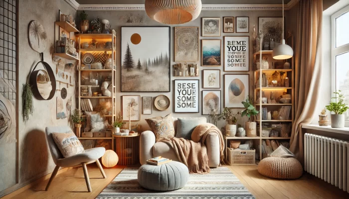 A cozy, personalized room filled with unique artwork and decor. The walls are adorned with framed art pieces and motivational quotes, creating a gallery-like display. The room features comfortable seating, including a plush armchair draped with a blanket and accented by cushions. A soft rug adds warmth to the wooden floor, while shelves are filled with books, plants, and decorative items. The space is bathed in soft, natural light from a nearby window, with earthy tones and textures contributing to the inviting and creative atmosphere.