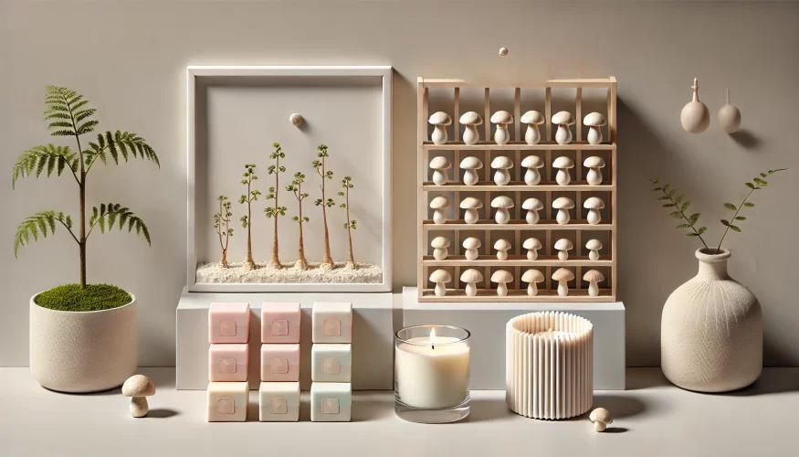 A minimalistic display of unique hobbies that can be turned into profitable businesses. The image features a small potted plant on the left, pastel-colored artisanal soaps stacked in front, and a neat row of small mushroom sculptures on wooden shelves. A single white candle with a ribbed design is placed in the center, next to another candle in a glass holder. The background is clean and uncluttered, with soft, neutral tones creating a calm and modern atmosphere.