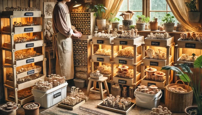 A cozy, home-based mushroom farming setup in a warmly lit room. The scene features multiple wooden shelves and racks filled with various types of mushrooms at different stages of growth, each labeled with chalkboard signs. A hobbyist, dressed in an apron, stands by a wall-mounted storage unit, possibly organizing or inspecting the mushrooms. The room is decorated with potted plants and rustic elements, with soft natural light filtering through a window covered by sheer curtains. The earthy tones and abundance of growing mushrooms create a serene, organic atmosphere, ideal for a small-scale indoor garden.