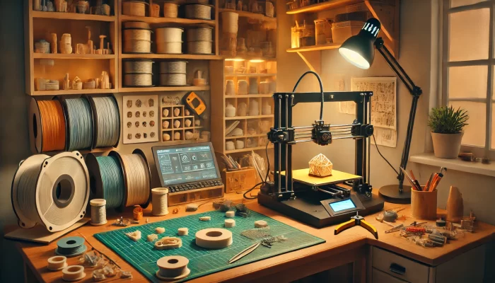 A cozy, well-organized home-based 3D printing workspace. The scene features a 3D printer actively working on a geometric object, set on a wooden desk or workbench. The desk is neatly arranged with various 3D printing tools, spools of filament in different colors, and a computer screen displaying design software. Shelves in the background hold more spools, small 3D-printed objects, and other materials. A task lamp illuminates the workspace, creating a warm and focused atmosphere ideal for creative work. The room has a window, adding natural light and a touch of greenery from a potted plant nearby.