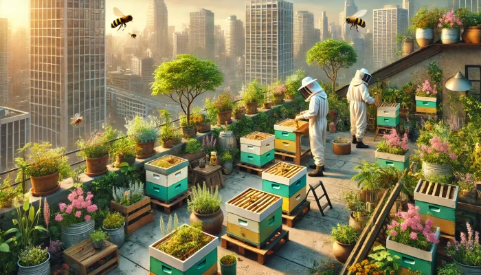 A vibrant rooftop garden in a bustling city features an urban beekeeping setup. The scene includes several colorful beehives surrounded by lush plants and flowers in various pots and containers. Two beekeepers, dressed in protective gear, tend to the hives under the warm glow of the setting sun. The city's skyline, with tall buildings, forms the backdrop, blending nature and urban life harmoniously. Bees are visible flying around, adding life to the peaceful, green oasis above the city.