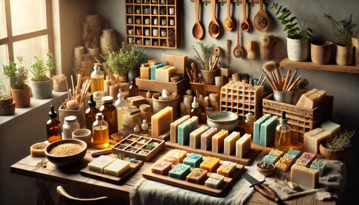 A cozy and creative home setup for artisanal soap making, featuring a well-organized workspace. The scene includes a wooden workbench covered with various handmade soaps, essential oils in amber bottles, herbs, and soap-making tools. Vibrant bars of soap in different colors and designs are neatly displayed on wooden trays. The workspace is adorned with potted plants, wooden spoons, jars of ingredients, and rustic containers, all bathed in the soft natural light coming through a nearby window. The warm and inviting atmosphere reflects the hobbyist’s passion for creating natural, handcrafted products.