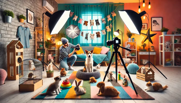 A vibrant and playful home studio setup for pet photography, filled with a variety of adorable pets. The scene features a professional camera on a tripod, studio lights, and a photographer capturing an alert dog sitting in a cozy pet bed at the center of the room. Surrounding the dog are various pets, including bunnies, kittens, and a small dog in a cage, all placed on a colorful striped rug. The backdrop includes shelves filled with plush toys and decor, a bright teal curtain with stuffed animals hanging on strings, and a cozy sofa with cushions. The room is warmly lit, creating a lively and cheerful atmosphere perfect for capturing the personalities of the pets.