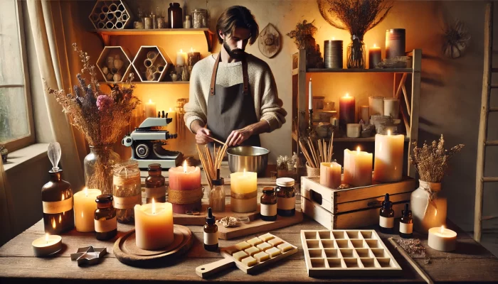 A warm and inviting home workspace dedicated to candle making. The scene features a wooden workbench filled with candle-making supplies, including various molds, jars of wax, essential oils, wicks, and dried herbs. A hobbyist, wearing a cozy sweater and apron, is stirring a mixture in a metal bowl, preparing to pour it into molds. The workspace is illuminated by the soft glow of several lit candles in different shapes and sizes, creating a serene and creative atmosphere. Shelves in the background hold additional candle supplies, dried flowers, and rustic decor, all bathed in the gentle light from a nearby window.