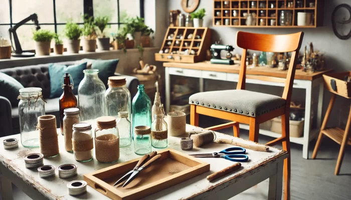 A bright and organized home workspace dedicated to upcycling, featuring a clean yet creative environment. The scene includes a workbench filled with various glass jars and bottles of different shapes and sizes, some wrapped with twine or fabric, ready for repurposing. The workspace also includes tools like scissors, a utility knife, and a wooden tray on a rustic white table. In the background, a cushioned chair and a sofa with pillows add comfort to the room, while shelves hold additional crafting supplies, plants, and vintage decor. Large windows let in natural light, creating a warm and inviting atmosphere ideal for creative projects.