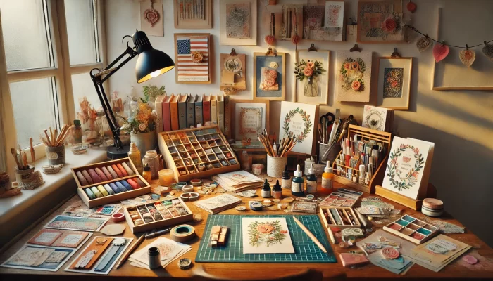 A cozy and inspiring home workspace dedicated to handmade stationery and crafting. The scene features a tidy wooden desk filled with various crafting tools and materials, including colored pencils, brushes, ink bottles, washi tapes, stamps, and watercolor paints. Several beautifully designed cards and artworks are displayed on the desk, with some still in progress on a cutting mat. The workspace is bathed in soft, warm light from a nearby window, which is adorned with small jars and natural elements. The walls are decorated with framed artwork, floral designs, and other creative pieces, creating a vibrant and personal atmosphere that reflects the hobbyist's passion for handmade stationery.