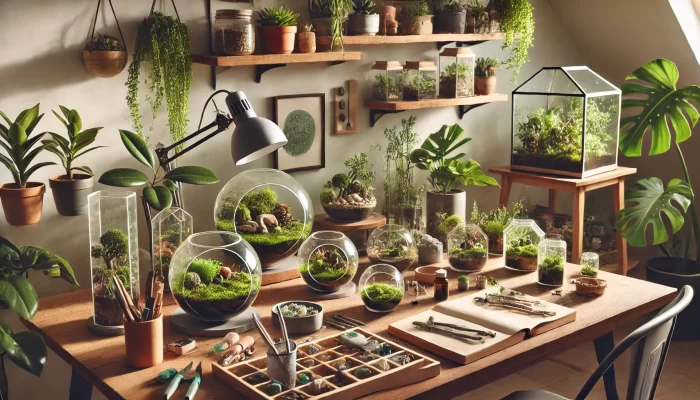 A serene and nature-filled home workspace dedicated to terrarium design. The scene features a well-organized wooden desk adorned with various terrariums in different shapes and sizes, each filled with lush greenery, moss, and miniature landscapes. The workspace includes tools like tweezers, scissors, and brushes, neatly arranged for precise work. Shelves above the desk hold additional potted plants, jars, and supplies, while hanging plants and a large leafy plant in the corner add to the green ambiance. A task lamp illuminates the workspace, creating a peaceful and focused atmosphere ideal for cultivating and designing terrariums. The overall vibe is calm and creative, perfect for a hobbyist who enjoys bringing nature indoors.