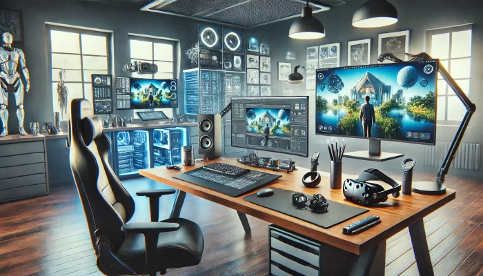 A futuristic home workspace dedicated to virtual reality (VR) content creation, showcasing a cutting-edge setup. The scene features a sleek modern desk with multiple high-resolution monitors displaying a VR environment, a powerful gaming PC with glowing blue lights, and a variety of tech gadgets. A VR headset with controllers rests on the desk, alongside a mechanical keyboard, mouse, and speakers. The room is filled with high-tech decor, including robotic figures, 3D models, and wall-mounted art related to VR and technology. A comfortable, ergonomic gaming chair sits at the desk, completing the advanced, immersive atmosphere. The overall design is polished and high-tech, reflecting the hobbyist's passion for creating in virtual reality.