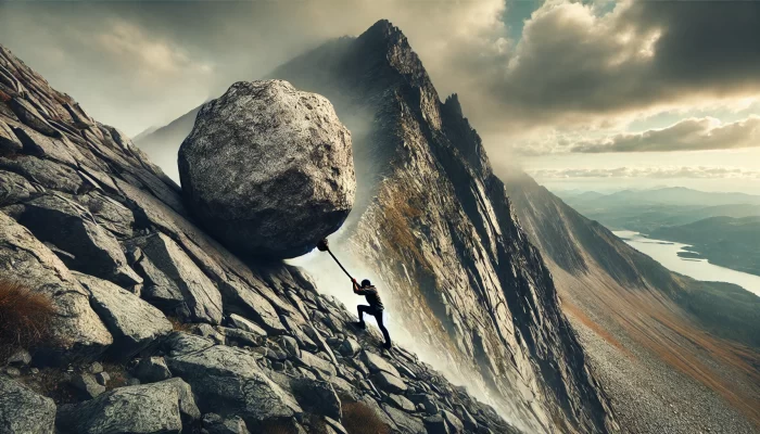 A wide image showing a person struggling to climb a steep, rocky mountain while pulling a large boulder. The person, depicted near the bottom, has a determined expression, facing the daunting task of moving the heavy boulder uphill. It's meant to show how a person can overcome business challenges. The mountain is rugged with sparse vegetation, emphasizing the difficulty of the climb. Above, the sky is mostly cloudy with a small break in the clouds at the top, suggesting a glimpse of hope or success at the summit.