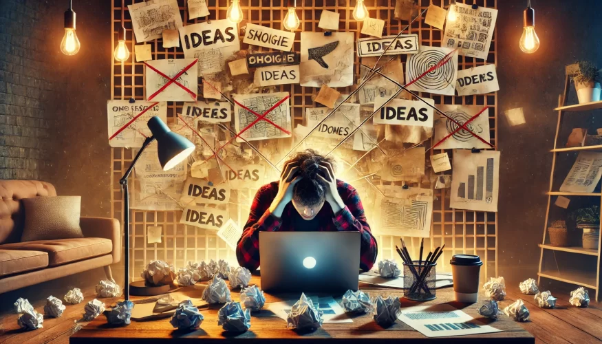 A person sits at a cluttered desk in a modern workspace, overwhelmed by the challenge of choosing a company name. The desk is covered with crumpled papers, coffee cups, and a laptop displaying a blank screen. The person’s hands are tangled in their hair in frustration. Behind them, a wall is filled with sticky notes and posters, some ideas crossed out, others connected by lines, highlighting the creative struggle.