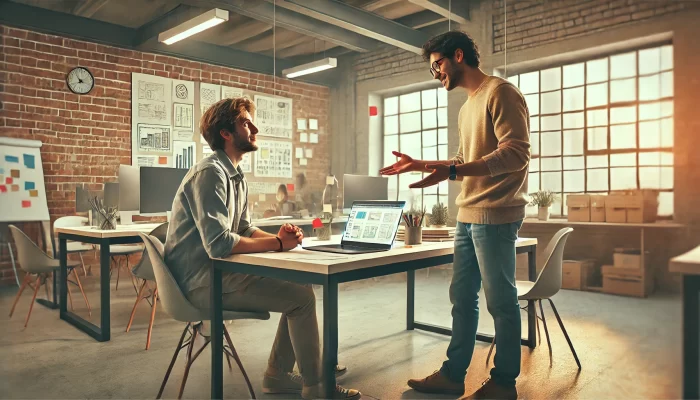 A scene in a modern, creative workspace with exposed brick walls and large windows. One person is seated at a desk with a laptop, attentively listening, while another person stands nearby, gesturing as they provide feedback. The environment is collaborative, with other desks, computers, and design sketches visible in the background.