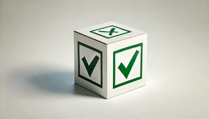 A simple, wide-angle design with a white background. At the center is a square box with a bold green checkmark inside. The checkmark has a classic shape, curving at the bottom and tapering at the ends, distinctly different from a straight V shape. The minimalistic composition allows the checkmark and box to stand out as the focal points, with ample space surrounding them, emphasizing simplicity and clarity.