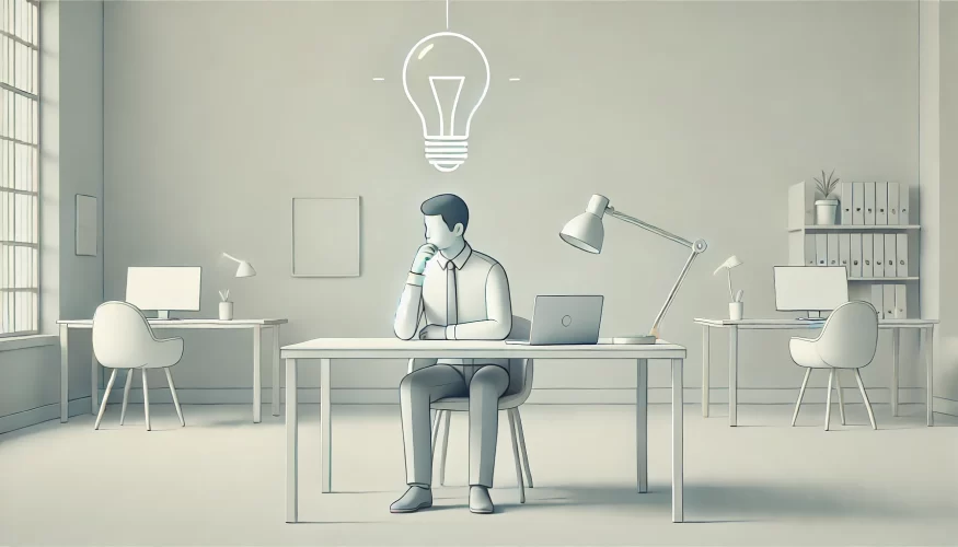 A minimalistic illustration of a person sitting at a desk in a modern, uncluttered workspace. The individual is deep in thought, with a glowing lightbulb above their head symbolizing an innovative mindset. The room features a few simple furnishings, including a laptop, desk lamp, and bookshelf, all in a soft, neutral color palette, emphasizing the clarity and focus of the scene.