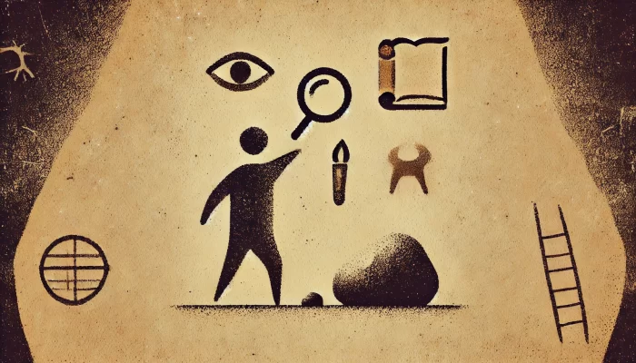 An ancient cave art-style image showing a simplified human figure reaching out towards a primitive symbol of curiosity, a stylized magnifying glass. The background is a textured cave wall in earthy tones, with the figure and symbols rendered in rough, dark lines, evoking the raw, symbolic nature of prehistoric art.