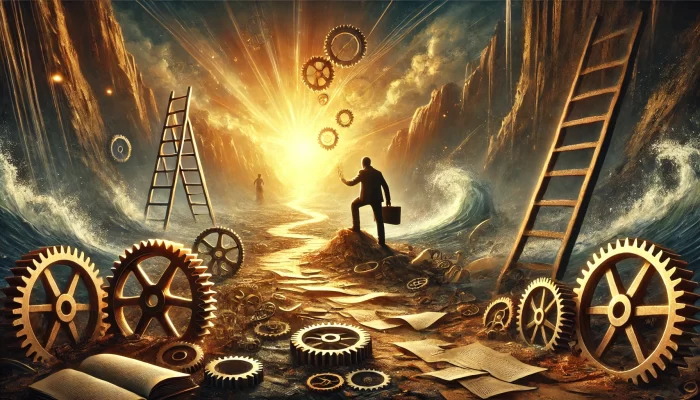 A person stands in a barren, abstract landscape filled with broken gears, fallen ladders, and torn pages, symbolizing past failures. The individual is illuminated by a warm, golden light, carefully piecing together a broken gear with an expression of determination. In the background, a new path forms from the remnants, leading towards a bright horizon, representing hope and new opportunities.