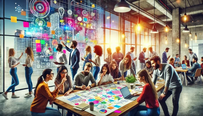 A lively and collaborative scene in a modern workspace, where a diverse group of individuals gathers around a large table covered with sketches, notes, and laptops. They actively engage in discussion, pointing to ideas on paper and gesturing energetically. The environment is bright, with large windows allowing natural light to flood the room. In the background, a whiteboard filled with colorful diagrams and sticky notes symbolizes creativity and brainstorming. The atmosphere is dynamic and focused, emphasizing the power of teamwork and shared ideas.