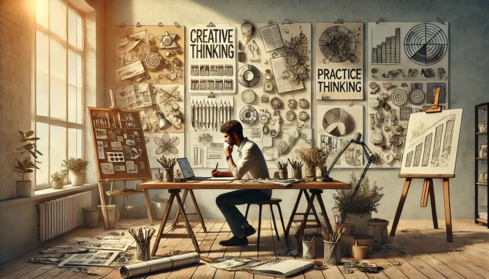 A person is seated at a large desk in a bright, inspiring workspace, practicing creative thinking. The desk is filled with creative tools like sketchpads, paintbrushes, and a laptop. Surrounding them are various completed and in-progress projects, including drawings, designs, and models, symbolizing the concept that practice makes perfect. The person is deep in thought, sketching on paper with a focused expression. Natural light streams in from a nearby window, and a vision board filled with inspirations and concepts is visible in the background, highlighting the process of refining ideas through consistent practice.