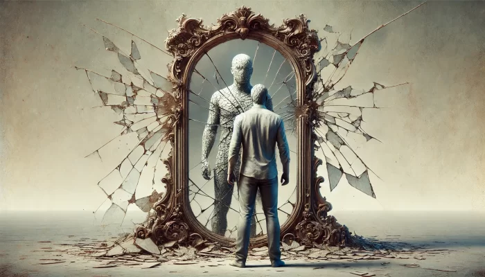 A man stands before a large, ornate mirror that is shattered, reflecting a cracked and distorted version of himself, symbolizing the theme of doubting yourself.