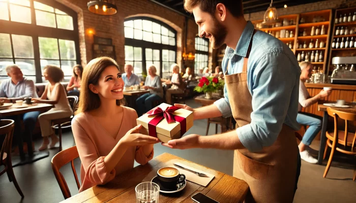 A wide image depicting a warm, inviting café setting where a barista, wearing a light blue shirt and brown apron, is going above and beyond by handing a beautifully wrapped gift box with a red ribbon to a smiling customer. The customer, seated at a wooden table with a cup of coffee in front of her, is delighted by the surprise, showcasing the essence of providing great customer service. The background features a lively atmosphere with other patrons enjoying their time, large windows letting in natural light, and shelves filled with various items, adding to the cozy ambiance.