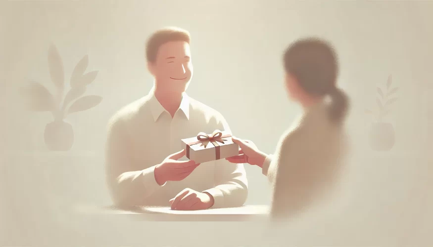 A wide, simplistic illustration of a warm customer service moment. The image depicts an employee with a gentle smile handing a gift-wrapped box to a customer. The scene is minimalistic, with soft, warm tones, and the focus is on the interaction between the two people. The background is subtly blurred, with faint shapes of potted plants on either side, creating a calm and welcoming atmosphere.