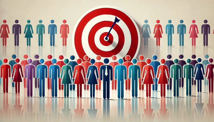 A diverse group of abstract human figures in various colors stands in front of a large red and white target with a bullseye, symbolizing a target audience. An arrow hits the center of the target, representing focus on the unique selling point. The figures vary in shape and size, illustrating demographic diversity and inclusivity. The design is minimalistic, with a neutral background and smooth reflections on the floor, emphasizing the importance of identifying and appealing to the right audience for a unique selling point.