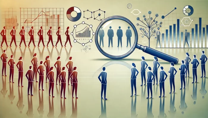 A conceptual illustration showing two groups of simplified human figures, with a large magnifying glass focusing on select individuals from one group. The background includes data charts, graphs, and abstract elements symbolizing analysis and competition. The image represents evaluating competition and analyzing different individuals or teams.