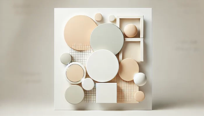 A minimalistic composition featuring soft, neutral-toned geometric shapes, including circles and squares, arranged in a balanced and symmetrical layout. The shapes are clean and uncluttered, with ample white space around them, giving the image a calm and orderly feel. The design emphasizes simplicity and clarity, with smooth lines and a limited color palette to convey the concept of keeping it simple.