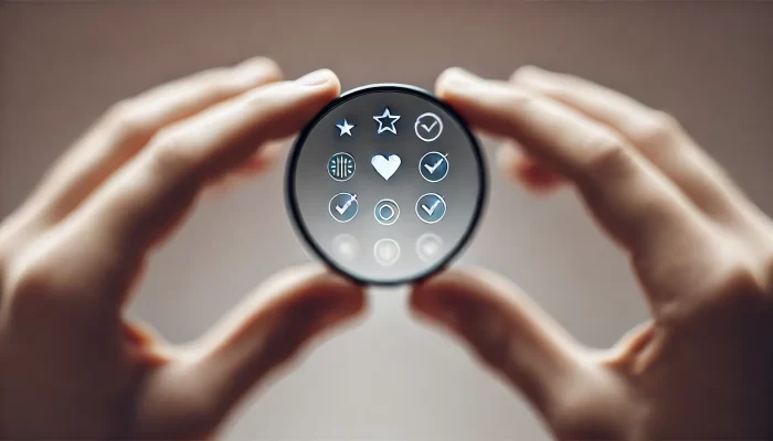 A close-up view of hands holding a circular lens, focusing on various abstract symbols such as stars, hearts, and checkmarks. The symbols are clear and sharp within the lens, while the background outside the lens remains blurred, symbolizing focus and clarity in decision-making or priorities.