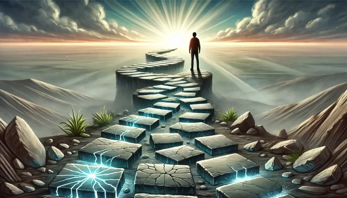 The image shows a person standing on a winding path that stretches into the distance. Along the path are several stepping stones, some cracked and damaged, symbolizing past failures, while others emit a soft glow, representing personal growth. The person, standing confidently, looks back at the cracked stones, reflecting on past challenges. Ahead, the horizon glows brightly, symbolizing hope and a positive future. The landscape transitions from darker tones near the person to a lighter, more vibrant scene near the horizon, illustrating the journey from struggle to success.