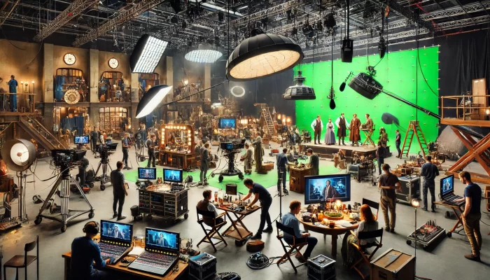 A bustling film set filled with crew members, actors, and various equipment. The set includes large lighting rigs, multiple cameras, and a prominent green screen in the background. People are working at control stations, adjusting cameras, preparing scenes, and actors dressed in period costumes stand on the set, ready for filming. The environment is lively with detailed props, elaborate set pieces, and a busy atmosphere.