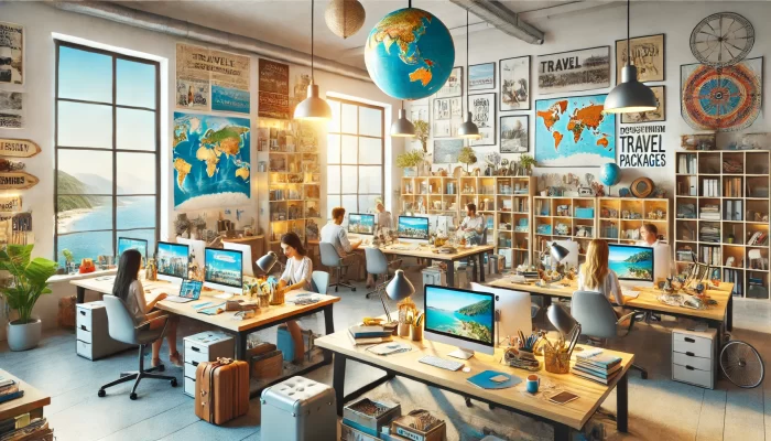 A vibrant and inspiring travel company office filled with travel-related decor. The modern workspace features large wooden desks, each equipped with computers displaying scenic beach destinations. World maps and travel posters cover the walls, alongside shelves filled with books, globes, and travel memorabilia. A large window overlooks a stunning ocean view, letting natural light flood the room. Employees sit at their desks, working on travel packages and planning vacations, contributing to a dynamic and creative atmosphere. The space is decorated with globes, postcards, surfboards, and luggage, emphasizing the travel theme.