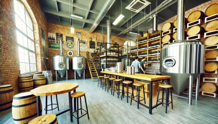 A modern, rustic brewery workspace featuring large stainless steel brewing tanks and wooden barrels lining the walls. The space has a warm industrial feel with exposed brick, high ceilings, and large windows letting in natural light. In the foreground, wooden tables and stools are set up for tasting or meetings, while the background showcases shelves filled with bottles and brewing equipment. Two people can be seen working near the counter, creating a lively and productive atmosphere.