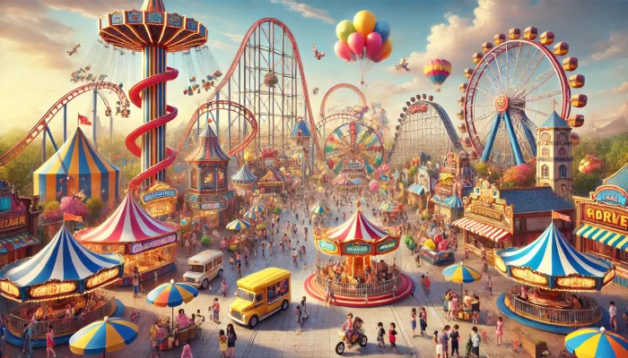 A lively and colorful theme park bustling with activity, featuring a variety of thrilling rides and attractions. The scene includes towering roller coasters, a spinning Ferris wheel, and a vibrant carousel. Hot air balloons and swing rides add to the excitement in the sky, while people fill the walkways, enjoying food trucks and carnival games. The park is decorated with striped tents, bright signs, and cheerful umbrellas, creating a festive atmosphere full of fun and adventure.