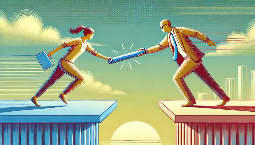 2D illustration depicting a business person passing a baton to a customer, symbolizing the concept of empowering customers. The scene features bold outlines and vibrant colors, with the baton highlighted to represent the transfer of control and responsibility. The background uses soft pastel tones, emphasizing collaboration and empowerment in a simple, visually engaging way.