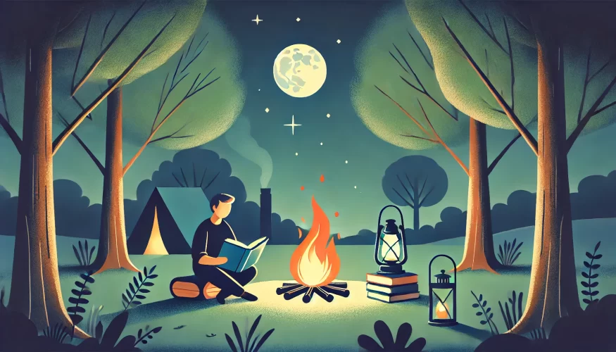 A serene nighttime scene featuring a person sitting by a small campfire in a peaceful outdoor setting. The person holds a book, engrossed in reading, while a lantern and a small table with simple objects sit nearby. The surrounding trees are softly illuminated by moonlight, creating a calm and reflective atmosphere. The fire casts a warm, soft glow, contrasting with the cool blues and greens of the night. The colors are muted, enhancing the quiet, storytelling mood.