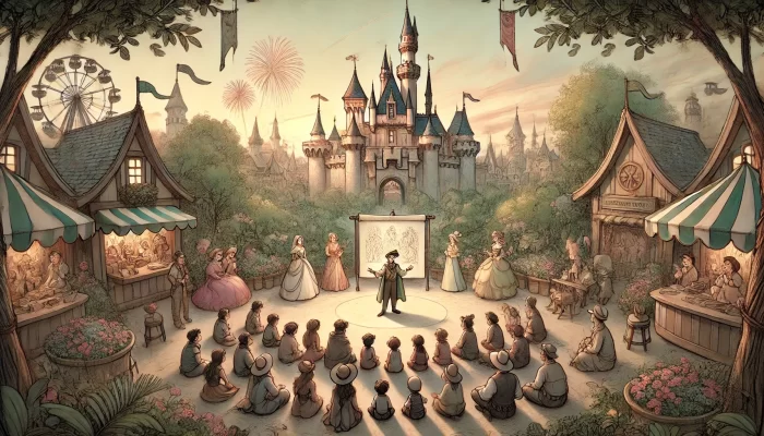 A 2D, hand-drawn style scene of a Disney-inspired theme park with muted colors. It features a magical kingdom with whimsical castle towers in the background. In the foreground, a group of children and adults gather around a storyteller dressed in fairy-tale attire. The atmosphere is calm, with soft, pastel-colored gardens and fantasy creatures scattered around. The sky is pale with gentle banners and subtle fireworks, adding to the peaceful, illustrative feel of the scene. The overall look is artistic and minimalistic, evoking a sense of quiet storytelling at Disney.