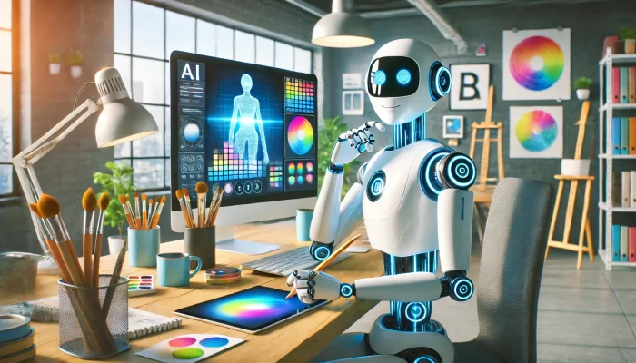 A futuristic AI robot with a friendly, sleek design sits at a desk. It is creating digital artwork on a tablet with one hand while typing on a computer with the other. The workspace is bright and modern, with large windows letting in natural light. The room is organized with creative tools such as paintbrushes, sketches, and a screen showing a colorful artwork in progress. The atmosphere is inviting, emphasizing the robot's role as a helpful, creative tool in a calm and productive setting. This is to show how the use of ai can be beneficial.