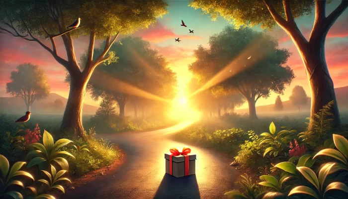 A peaceful forest road at dawn, with soft golden sunlight and a sky in hues of pink, orange, and blue. A small box with a bright ribbon sits beside the road, symbolizing a happy surprise, like revising my site for something fresh and exciting. Birds fly in the distance, and the gentle breeze through the leaves adds to the sense of calm and joyful anticipation.